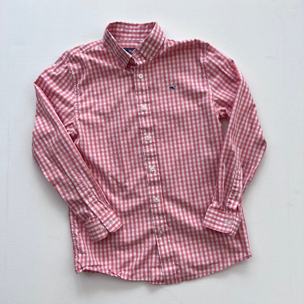 Vineyard Vines Gingham Whale Shirt Boys M 12-14